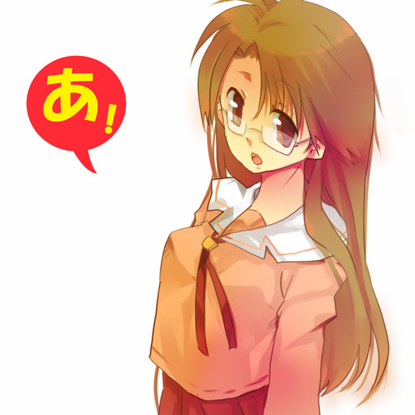 abi, mizuhara koyomi, azumanga daiou, 1girl, a (phrase), brown eyes, brown hair, female focus, glasses, long hair, open mouth, school uniform, serafuku, solo