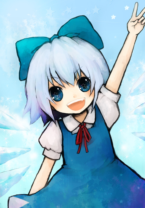 1st-mn, cirno, embodiment of scarlet devil, touhou, blue eyes, blue hair, child, dress, fang, hair ribbon, happy, ribbon, short hair, solo, v