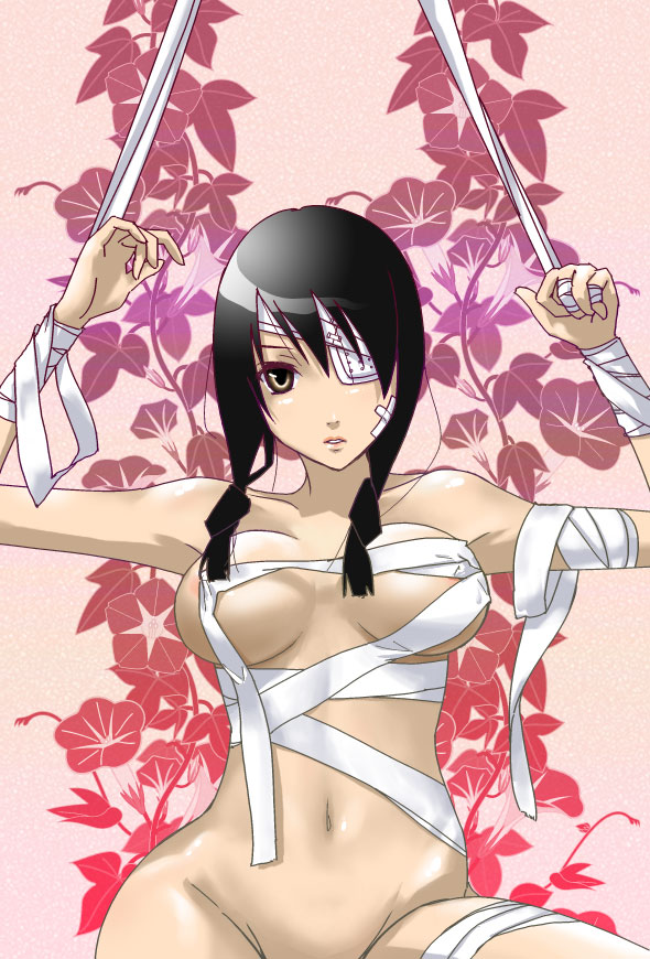 sakebuotoko, kobushi abiru, sayonara zetsubou sensei, bad id, bad pixiv id, 00s, 1girl, arms up, bandages, bdsm, black hair, bondage, bound, braid, breasts, eyepatch, female focus, flower, groin, large breasts, lipstick, makeup, naked bandage, navel, nude, outstretched arms, sitting, solo, spread arms, twin braids, yellow eyes