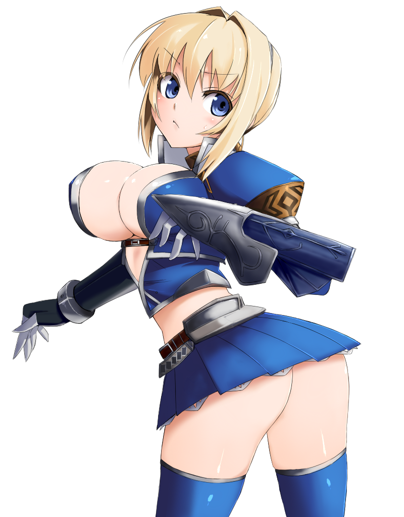 grune, capcom, monster hunter (series), monster hunter frontier, 1girl, ass, azure (armor), blonde hair, blue eyes, breasts, cleavage, female focus, gloves, large breasts, miniskirt, short hair, simple background, skirt, solo, thighhighs