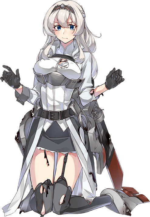 konishi (koconatu), glorious (kancolle), kantai collection, official art, second-party source, 1girl, belt, black belt, black gloves, black skirt, blue eyes, braid, breasts, burnt clothes, flower, full body, garter straps, glorious kai (kancolle), gloves, grey hair, grey overskirt, grey thighhighs, half up braid, jacket, kneeling, looking at viewer, medium breasts, military uniform, parted lips, rigging, skirt, smile, smokestack, solo, thighhighs, tiara, transparent background, weapon, white jacket