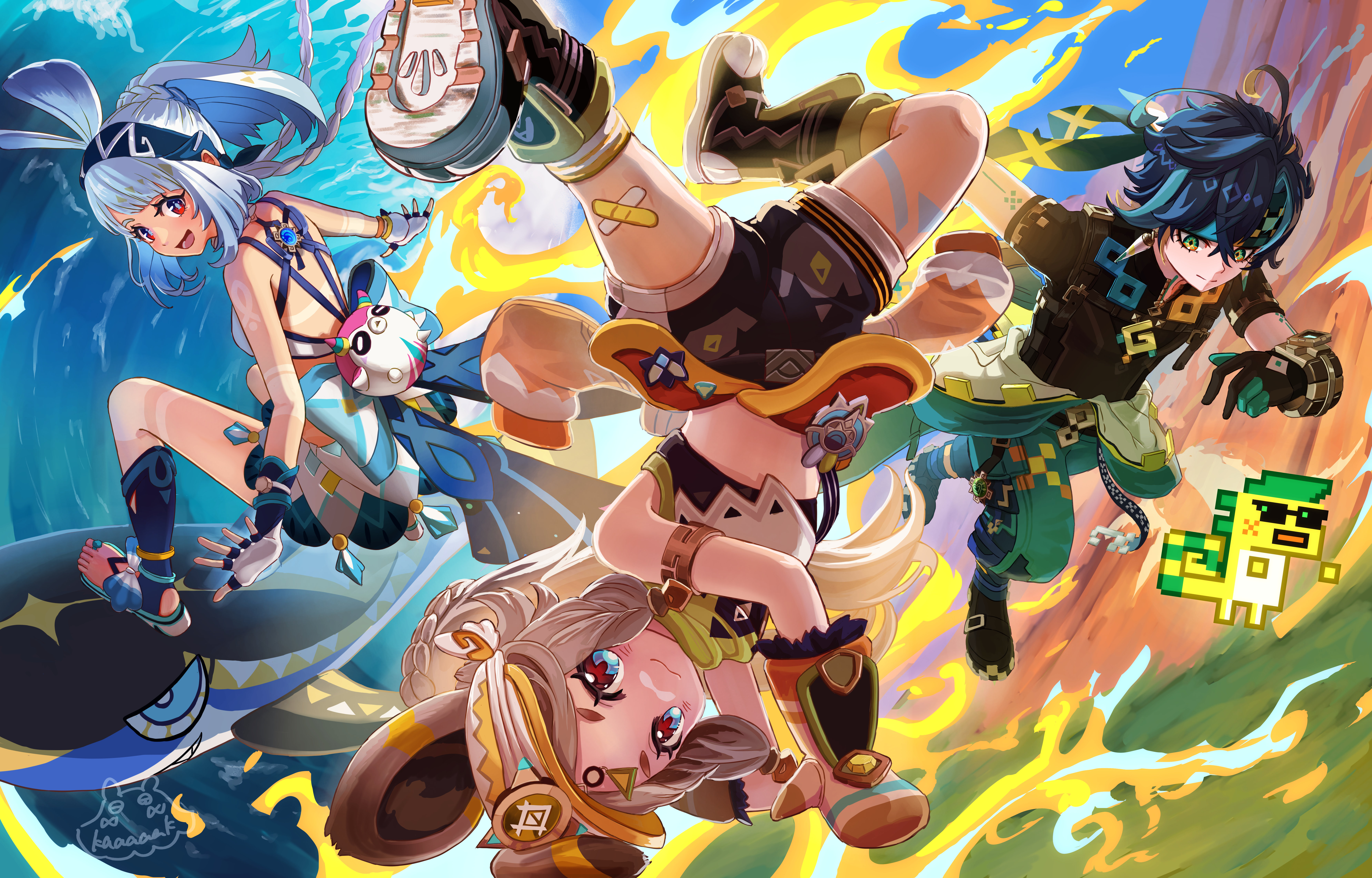 kaaaaak553, ajaw (genshin impact), kachina (genshin impact), kinich (genshin impact), mualani (genshin impact), genshin impact, absurdres, commentary, commentary request, english commentary, highres, mixed-language commentary, 1boy, 2girls, :d, black shoes, blue hair, boots, brown eyes, brown hair, expressionless, fish-shaped pupils, green eyes, green pants, headband, looking at viewer, midriff, multiple girls, open mouth, pants, sandals, shoes, smile, surfing