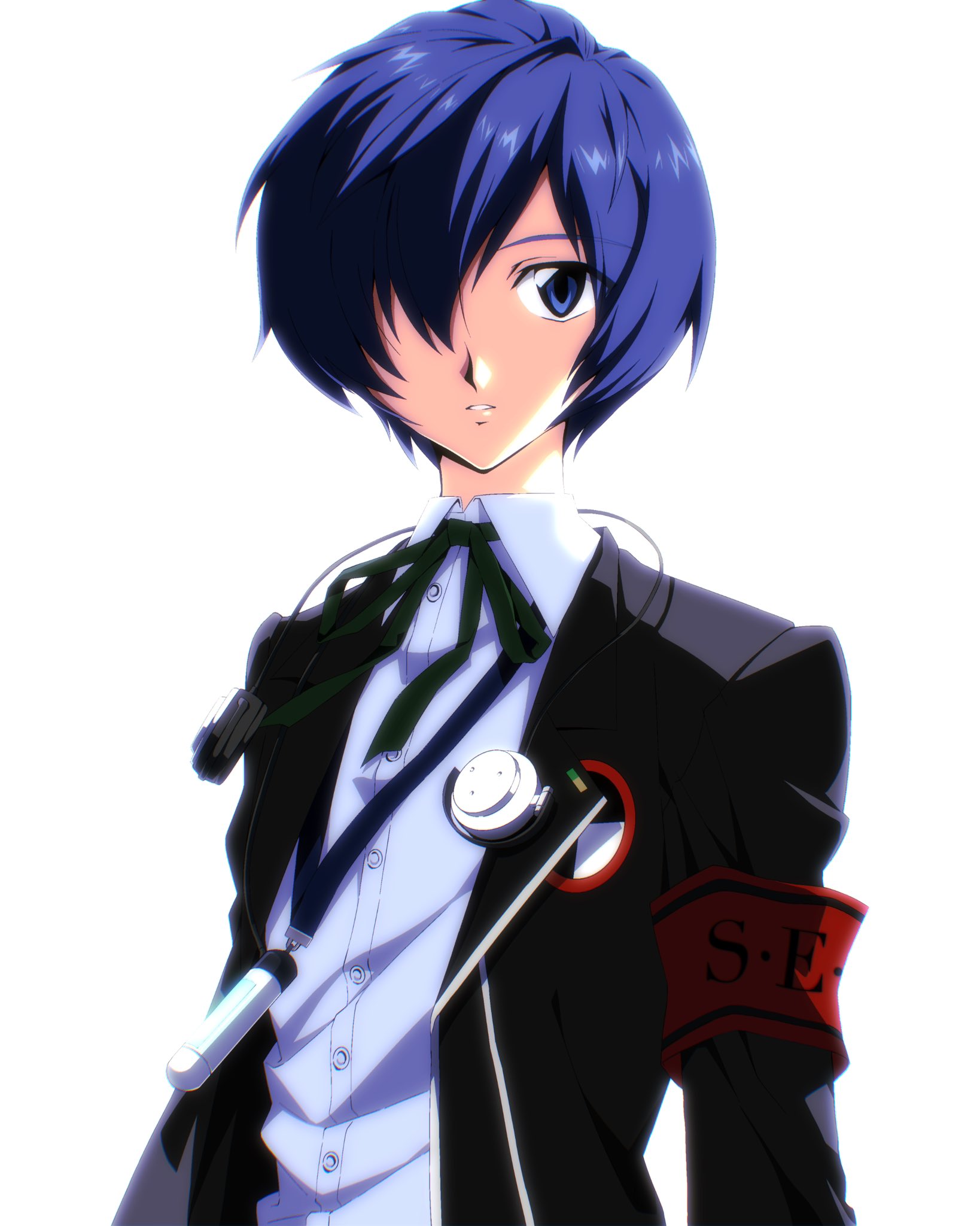 miko heb, yuuki makoto (persona 3), persona, persona 3, hashtag-only commentary, highres, 1boy, armband, black jacket, black ribbon, blazer, blue eyes, blue hair, buttons, collared shirt, digital media player, digital walkman, gekkoukan high school uniform, hair over one eye, headphones, headphones around neck, jacket, long sleeves, looking at viewer, male focus, neck ribbon, parted lips, red armband, ribbon, school uniform, shirt, short hair, simple background, solo, upper body, walkman nw-s203f, white background, white shirt