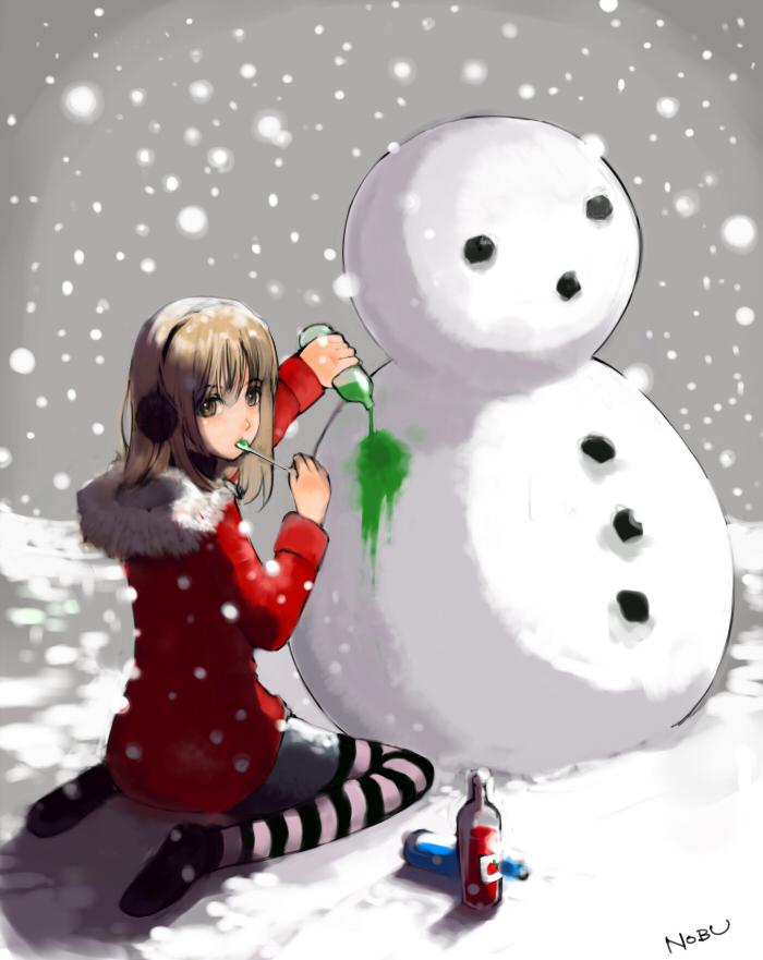 nobusnow, original, bad id, bad pixiv id, 1girl, blush, brown hair, eating, female focus, kneeling, long hair, looking back, pantyhose, snow, snowman, solo, striped clothes, striped pantyhose