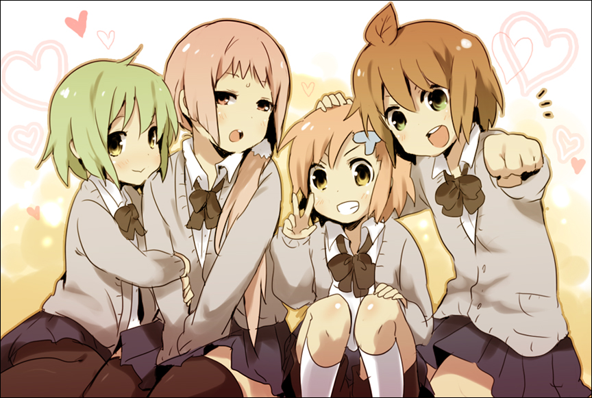 kl (dgzonbi), kl-chan, mono (character), punchiki (character), tooi-chan, blush, brown hair, green hair, happy, heart, hug, long hair, massugu go, pantyhose, pink hair, school uniform, short hair, skirt, squatting, sweater, thighhighs, v