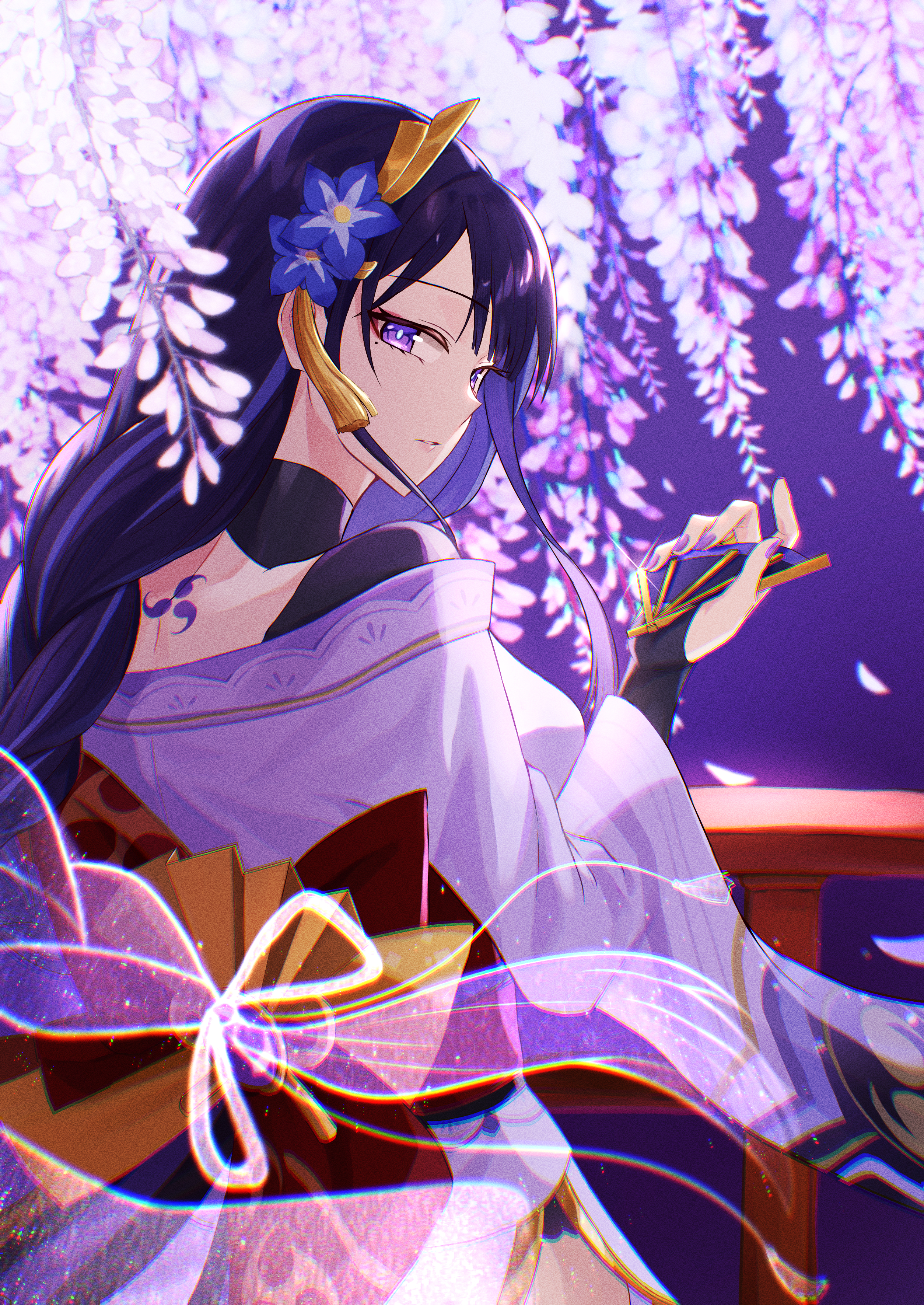 nano popo02, makoto (genshin impact), raiden shogun, genshin impact, absurdres, commentary request, highres, 2girls, back, back bow, back tattoo, blue pupils, blunt bangs, blurry, bow, braid, bridal gauntlets, bridge, depth of field, eyeliner, falling petals, fan hair ornament, flower, flower ornament, from behind, from side, ghost, hair ornament, hair ribbon, holding, holding hair ornament, japanese clothes, kimono, long braid, long hair, long sleeves, looking to the side, low-tied long hair, makeup, mitsudomoe (shape), mole, mole under eye, multicolored eyes, multicolored hair, multiple girls, off shoulder, out of frame, outdoors, parted lips, petals, pink lips, purple background, purple eyes, purple flower, purple kimono, red eyeliner, red sash, ribbon, sash, siblings, single braid, sisters, standing, streaked hair, tattoo, tomoe (symbol), twins, wide sleeves, wisteria