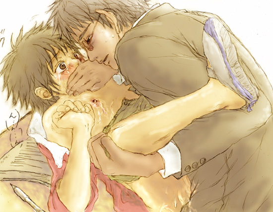 2boys, age difference, anal, blush, brown hair, classroom, cum, desk, glasses, hand over mouth, holding legs, lying, male focus, male penetrated, male teacher, multiple boys, nipples, on back, on desk, open clothes, open shirt, pencil, rape, school, school uniform, sex, shirt, shoes, shota, sitting, study, teacher, teacher and student, tears, undressing, uwabaki, yaoi