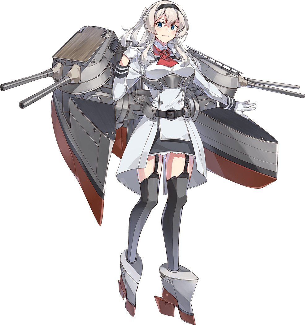 konishi (koconatu), glorious (kancolle), kantai collection, official art, second-party source, 1girl, belt, black belt, black gloves, black hairband, black skirt, blue eyes, bow, braid, breasts, flower, full body, garter straps, glorious kai (kancolle), gloves, grey hair, grey thighhighs, hairband, half up braid, half updo, jacket, medium breasts, military uniform, parted lips, ponytail, red bow, red flower, red rose, rigging, rose, rudder footwear, skirt, smile, smokestack, solo, thighhighs, transparent background, weapon, white jacket