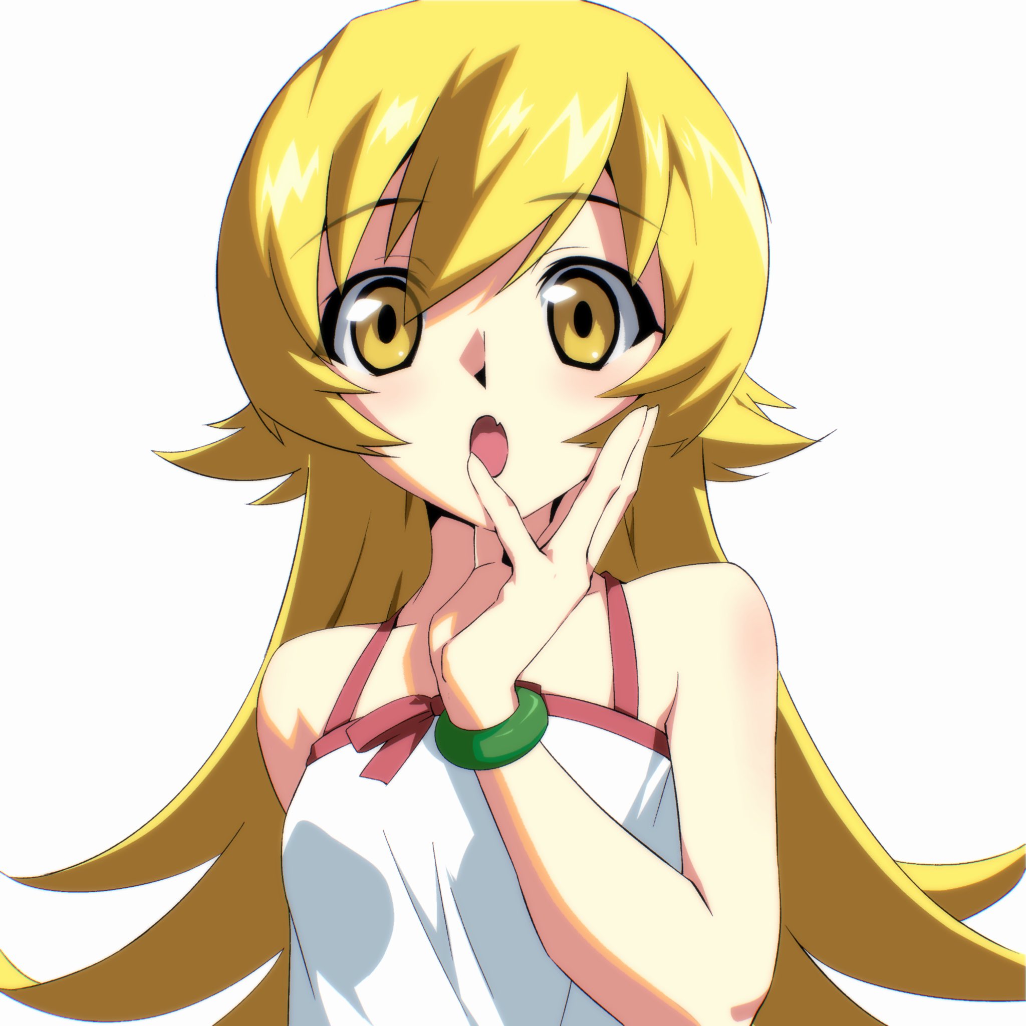 miko heb, oshino shinobu, monogatari (series), commentary request, highres, 1girl, :o, bare arms, bare shoulders, blonde hair, bracelet, breasts, dress, fang, flipped hair, hand on own chin, jewelry, light blush, long hair, looking at viewer, open mouth, pink trim, ribbon, simple background, skin fang, small breasts, solo, upper body, white background, white dress, yellow eyes