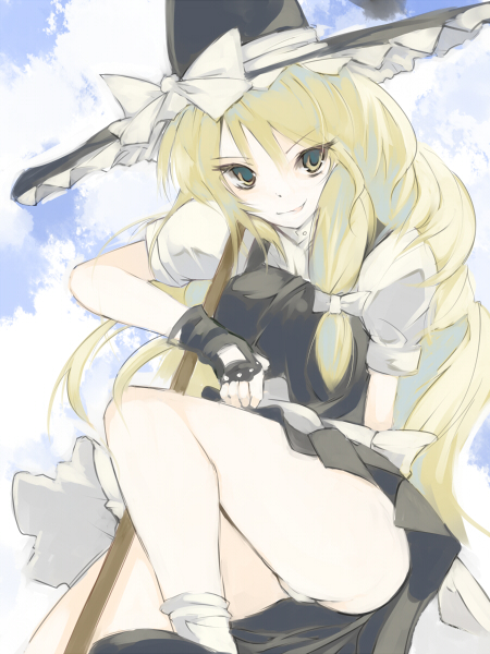 blaze (blazeillust), kirisame marisa, touhou, 1girl, blonde hair, bow, broom, female focus, fingerless gloves, gloves, hair bow, hat, leg lift, long hair, naughty face, panties, ribbon, solo, tsurime, underwear, witch hat, yellow eyes