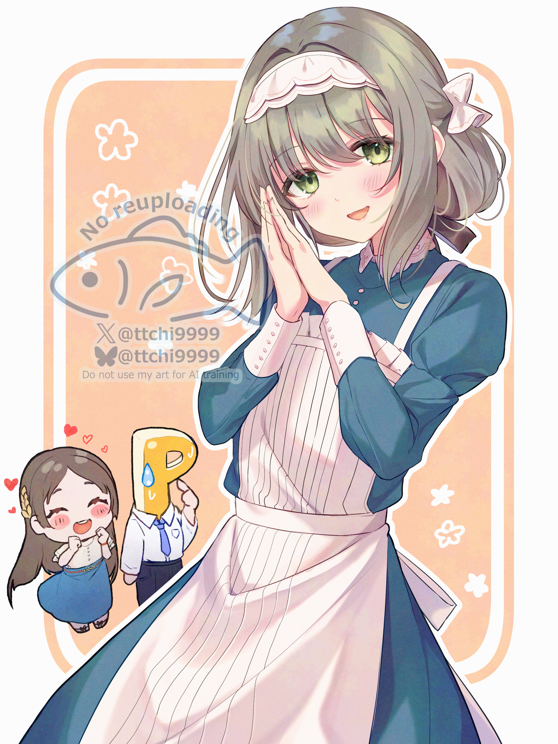 miyanome, hiwatari kanae, kuramoto china, producer (idolmaster), gakuen idolmaster, idolmaster, absurdres, highres, 1boy, 2girls, apron, blue dress, blush, collared dress, dress, green eyes, hair between eyes, looking at viewer, maid headdress, multicolored hair, multiple girls, open mouth, own hands together, puffy sleeves, smile, solo focus, twitter username, watermark, white apron