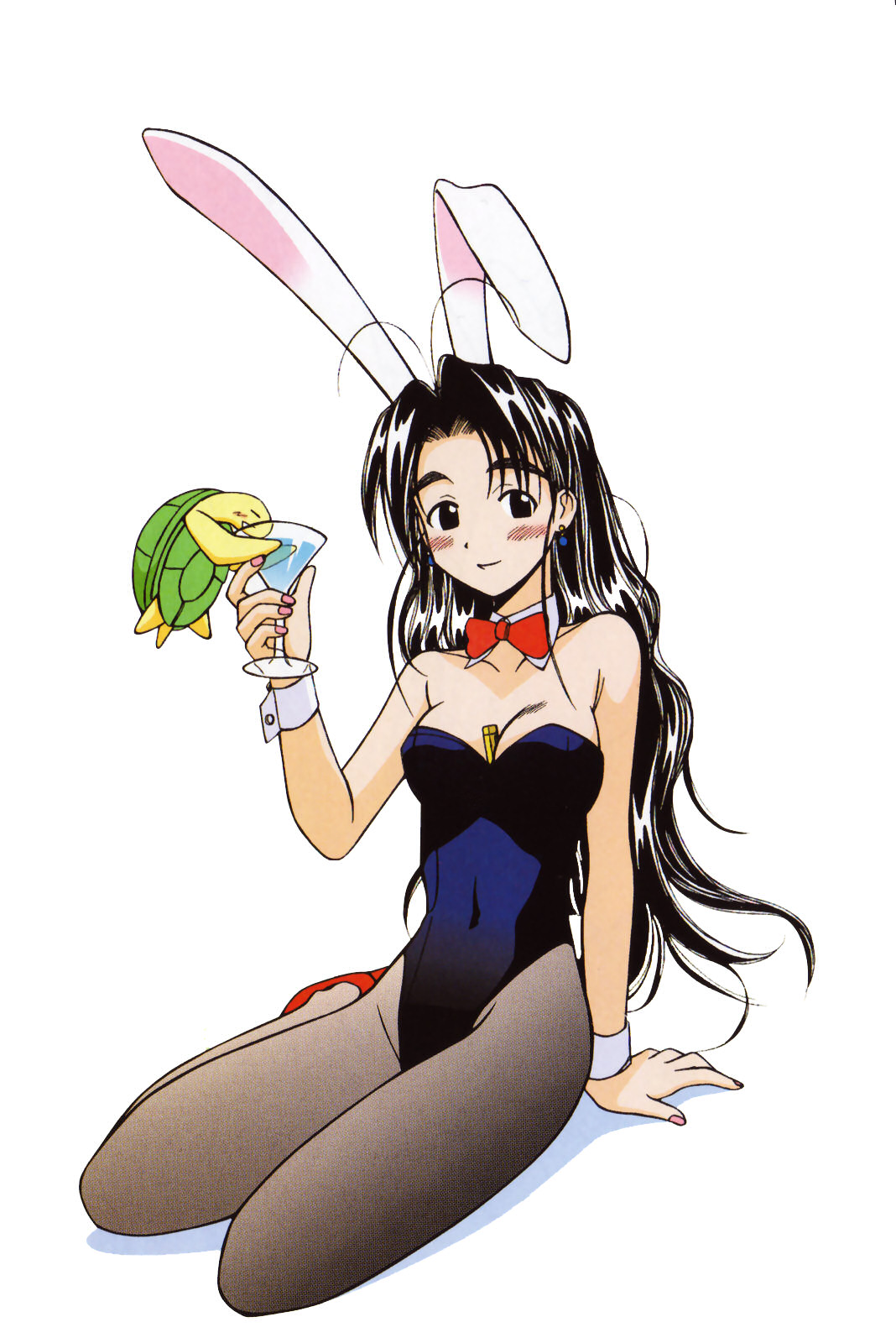 akamatsu ken, otohime mutsumi, tama (love hina), love hina, eyebrows, highres, 1girl, animal ears, antenna hair, black hair, blush, breasts, cleavage, cocktail, earrings, fake animal ears, high heels, jewelry, lighter, long hair, nail polish, pantyhose, pink nails, playboy bunny, rabbit ears, shoes, simple background, turtle, white background