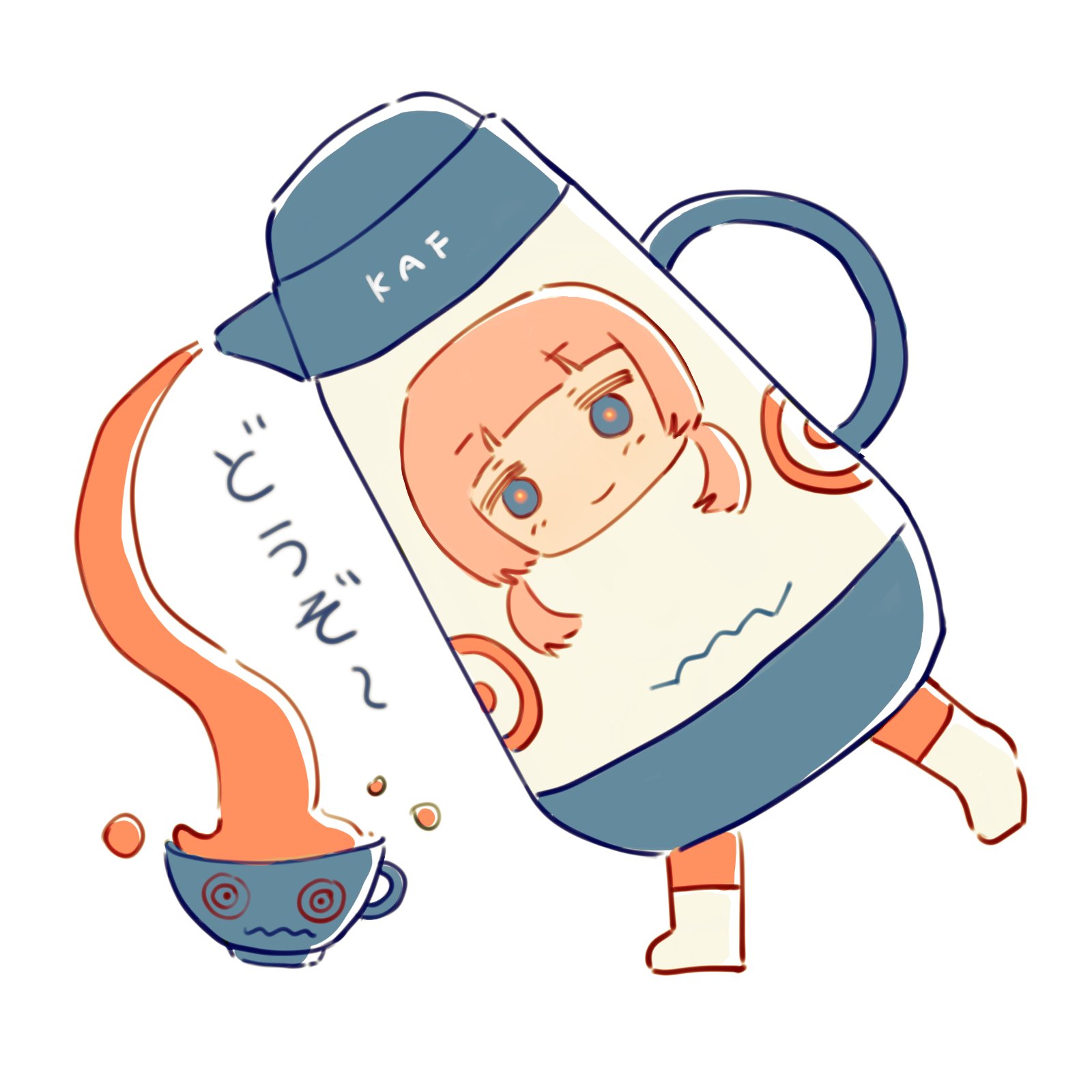 kaf (kamitsubaki studio), kamitsubaki studio, commentary request, highres, translation request, 1girl, blue eyes, clairemal1027, closed mouth, cup, full body, looking at viewer, pink hair, shoes, simple background, smile, solo, standing, standing on one leg, tea, teacup, teapot, twintails, virtual youtuber, white background, white shoes