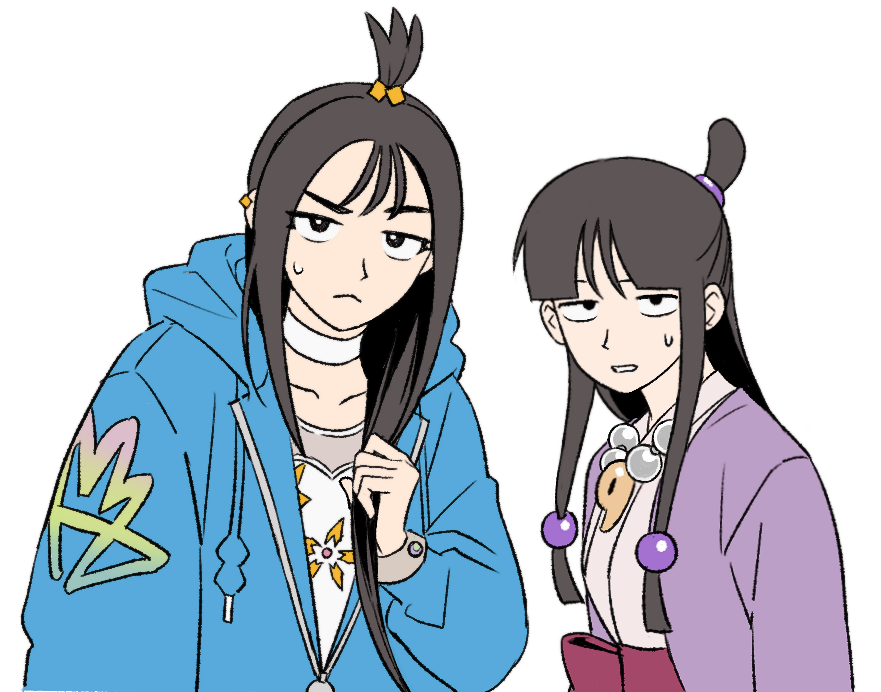 mmachoii, lida (pokemon), maya fey, ace attorney, nintendo, pokemon, pokemon legends: z-a, 2girls, bead necklace, beads, black eyes, black hair, blue hoodie, choker, crossover, ear piercing, half-closed eyes, hand in own hair, hanten (clothes), hood, hoodie, jacket, japanese clothes, jewelry, kimono, long sidelocks, looking at viewer, low-tied sidelocks, magatama, magatama necklace, multiple girls, necklace, obi, parted lips, piercing, purple jacket, raised eyebrows, red sash, sash, shirt, sidelocks, sweatdrop, topknot, upper body, white background, white choker, white kimono, white shirt