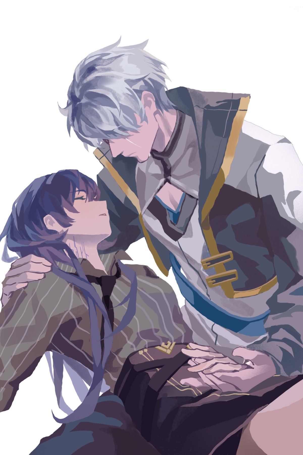 shiregotoaka, kevin kaslana, mei (honkai impact), honkai (series), honkai impact 3rd, alt text, commentary request, commission, highres, second-party source, 1boy, 1girl, black jacket, black necktie, black pants, black skirt, cleavage cutout, closed eyes, clothing cutout, collared shirt, cracked skin, cropped jacket, death, diamond cutout, face-to-face, grey shirt, hand on another's shoulder, holding hands, jacket, long hair, long sleeves, loose necktie, lying on person, miniskirt, necktie, no lineart, open clothes, open collar, open jacket, pants, parted lips, pencil skirt, pinstripe pattern, pinstripe shirt, popped collar, profile, purple hair, sad, shirt, short hair, simple background, skirt, tears, very long hair, very short hair, white background, white hair, white shirt, wing collar