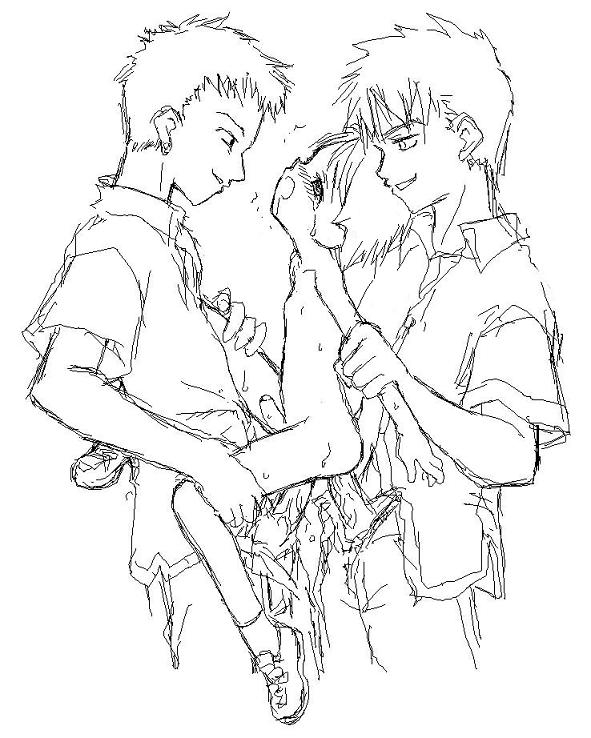 dnangel, 3boys, age difference, aged down, anal, blush, clothed male nude male, clothed on nude, double anal, double penetration, erection, foreskin, group sex, held up, male focus, male penetrated, mmm threesome, monochrome, multiple anal, multiple boys, multiple insertions, multiple penetration, nude, oekaki, outline, penis, phimosis, rape, saliva, sex, shoes, shota, simple background, small penis, standing, standing double penetration, standing sex, tears, threesome, white background, yaoi