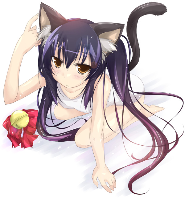 yumesato makura, nakano azusa, k-on!, 00s, 1girl, animal ears, artistic error, cat ears, cat girl, cat tail, extra digits, female focus, long hair, one-piece swimsuit, school swimsuit, solo, swimsuit, tail, twintails, white background, white one-piece swimsuit, white school swimsuit