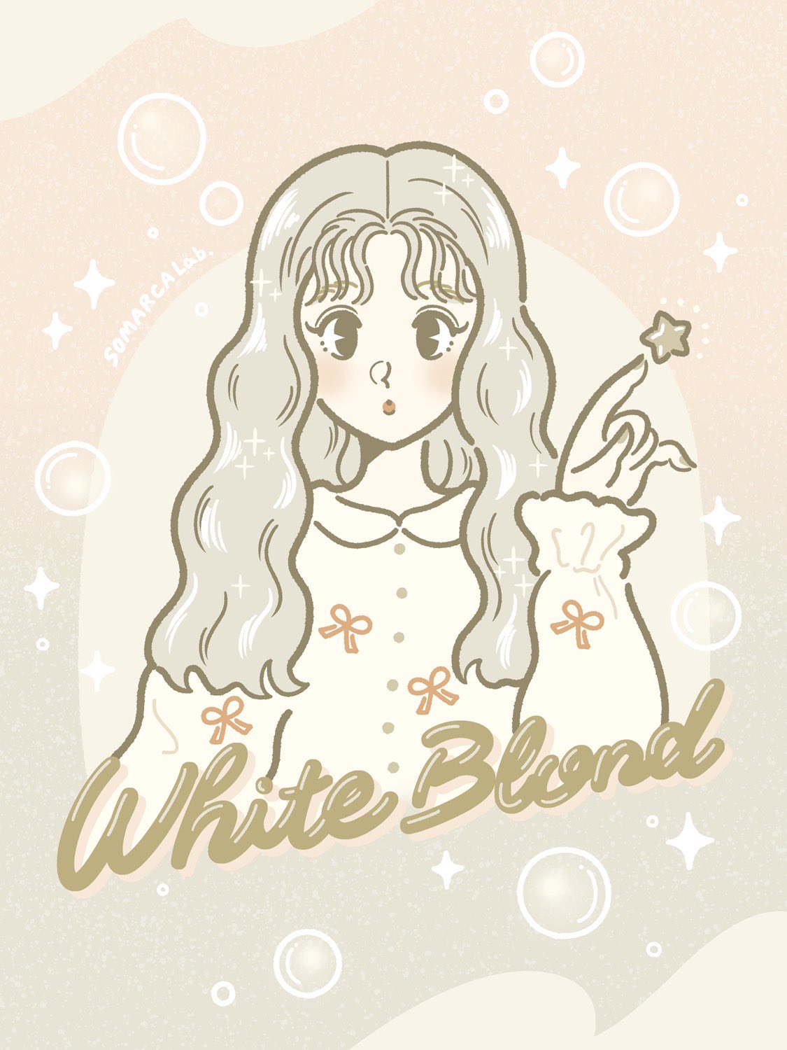 3kaku illust, original, commentary, highres, promotional art, 1girl, :o, ad, black eyes, blonde hair, blouse, blush, bow, brown nails, bubble, collared shirt, english text, fingernails, long hair, long sleeves, looking at viewer, nail polish, red bow, shirt, simple background, solo, sparkle, star (symbol), white shirt