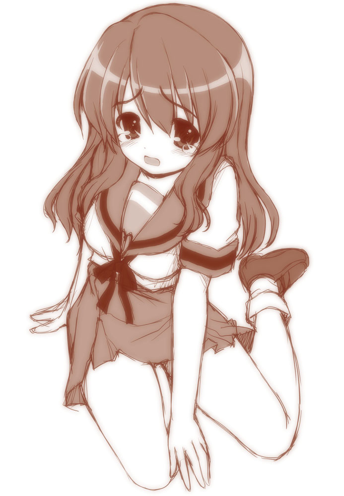 kaishinshi, asahina mikuru, suzumiya haruhi no yuuutsu, 00s, 1girl, brown theme, female focus, long hair, monochrome, school uniform, serafuku, solo, tears