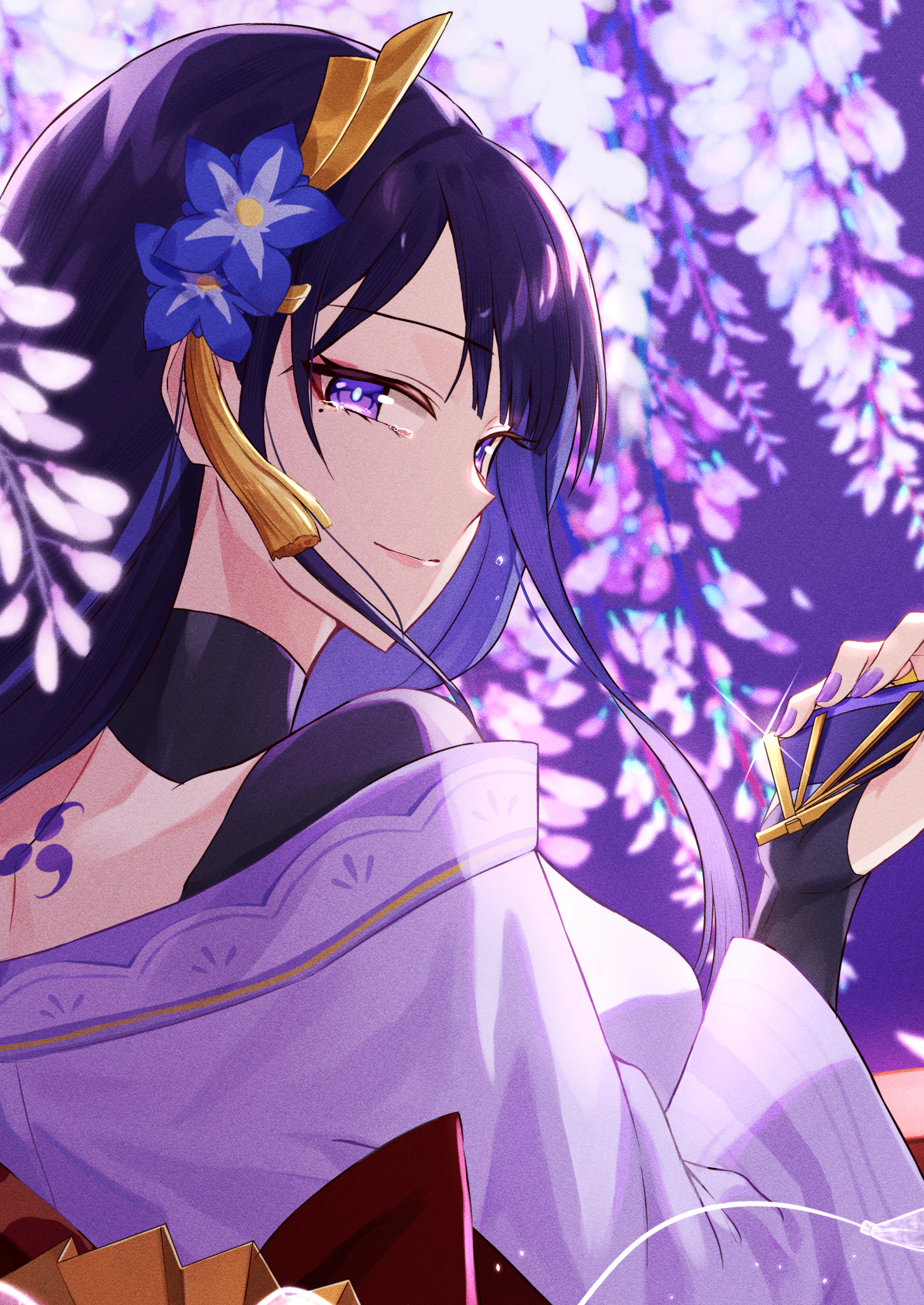 nano popo02, makoto (genshin impact), raiden shogun, genshin impact, absurdres, commentary request, highres, 1girl, back, back bow, back tattoo, blue pupils, blunt bangs, blurry, bow, braid, bridal gauntlets, bridge, close-up, crying, crying with eyes open, depth of field, eyeliner, falling petals, fan hair ornament, flower, flower ornament, from behind, from side, ghost, glint, hair ornament, hair ribbon, happy, holding, holding hair ornament, japanese clothes, kimono, light particles, light smile, long braid, long hair, long sleeves, looking to the side, low-tied long hair, makeup, mitsudomoe (shape), mole, mole under eye, multicolored eyes, multicolored hair, multiple girls, off shoulder, out of frame, outdoors, parted lips, petals, pink lips, purple background, purple eyes, purple flower, purple kimono, red eyeliner, red sash, ribbon, sash, single braid, solo, standing, streaked hair, tattoo, tears, tomoe (symbol), wide sleeves, wisteria