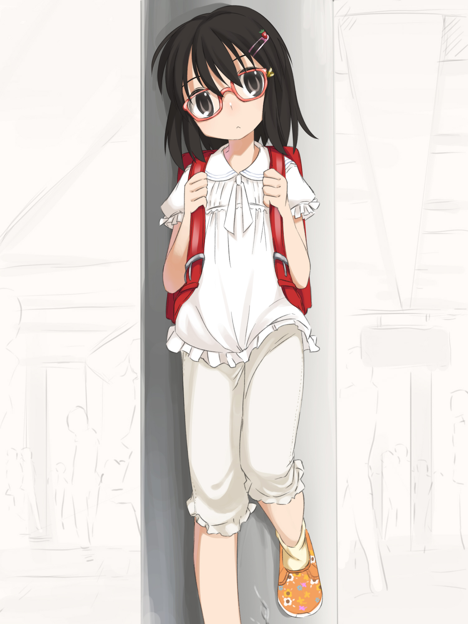 shouji ayumu, original, highres, 1girl, :<, backpack, bag, black hair, child, female focus, glasses, hair ornament, hairclip, randoseru, short hair, solo