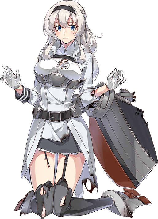 konishi (koconatu), glorious (kancolle), kantai collection, official art, second-party source, 1girl, belt, black belt, black gloves, black hairband, black skirt, blue eyes, bow, braid, breasts, burnt clothes, flower, full body, garter straps, glorious kai (kancolle), gloves, grey hair, grey thighhighs, hairband, half up braid, jacket, kneeling, medium breasts, military uniform, parted lips, red bow, red flower, red rose, rigging, rose, rudder footwear, skirt, smile, solo, thighhighs, transparent background, weapon, white jacket