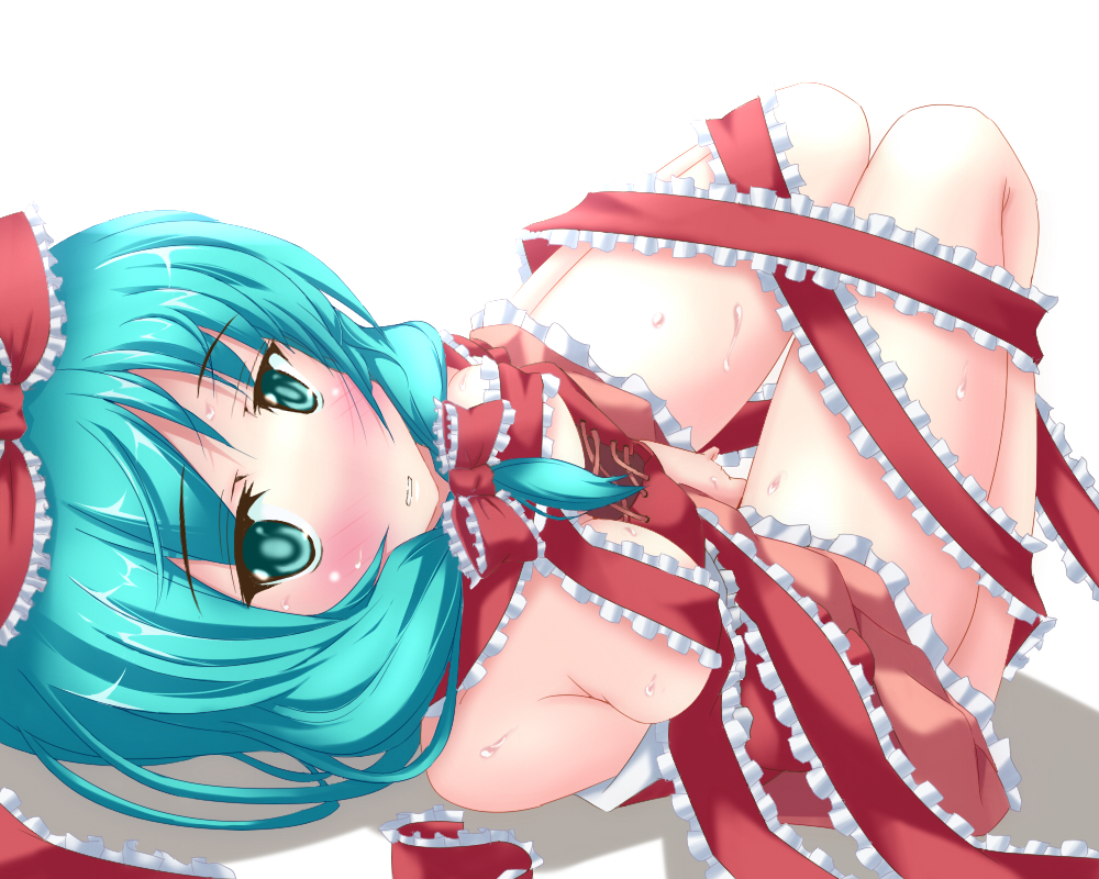 niracha, kagiyama hina, touhou, bad id, bad pixiv id, 1girl, aqua eyes, aqua hair, blush, breasts, female focus, female masturbation, front ponytail, masturbation, naked ribbon, nude, ribbon, solo, sweat