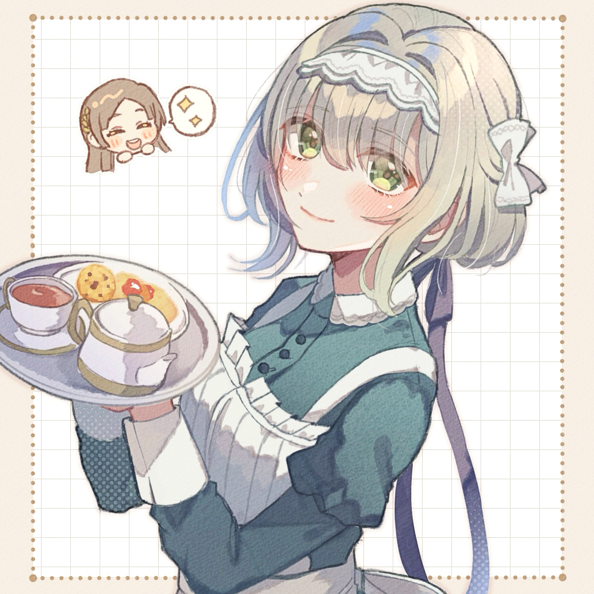 shimada (smd dms), hiwatari kanae, kuramoto china, gakuen idolmaster, idolmaster, food request, highres, 2girls, apron, black dress, blush, chibi, chibi inset, closed mouth, cup, dress, frilled apron, frills, green eyes, grey hair, holding, holding tray, multiple girls, plate, puffy sleeves, smile, solo, solo focus, tea, teapot, tray, white apron