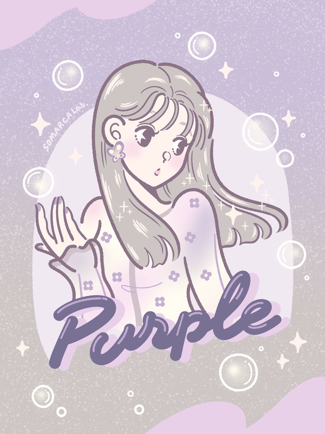 3kaku illust, original, commentary, highres, promotional art, 1girl, ad, black eyes, black hair, blush, bubble, butterfly earrings, choppy bangs, earrings, english text, floral print, from side, jewelry, long hair, long sleeves, looking to the side, nail polish, purple nails, purple shirt, shirt, shoulder blush, simple background, single off shoulder, solo, sparkle