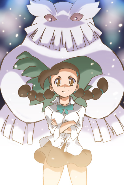 hikari (mitsu honey), abomasnow, candice (pokemon), nintendo, pokemon, pokemon dppt, bad id, bad pixiv id, 00s, 1girl, black hair, bow, bowtie, braid, crossed arms, gen 4 pokemon, gym leader, multi-tied hair, pokemon (creature), skirt, snow, twin braids, yellow eyes