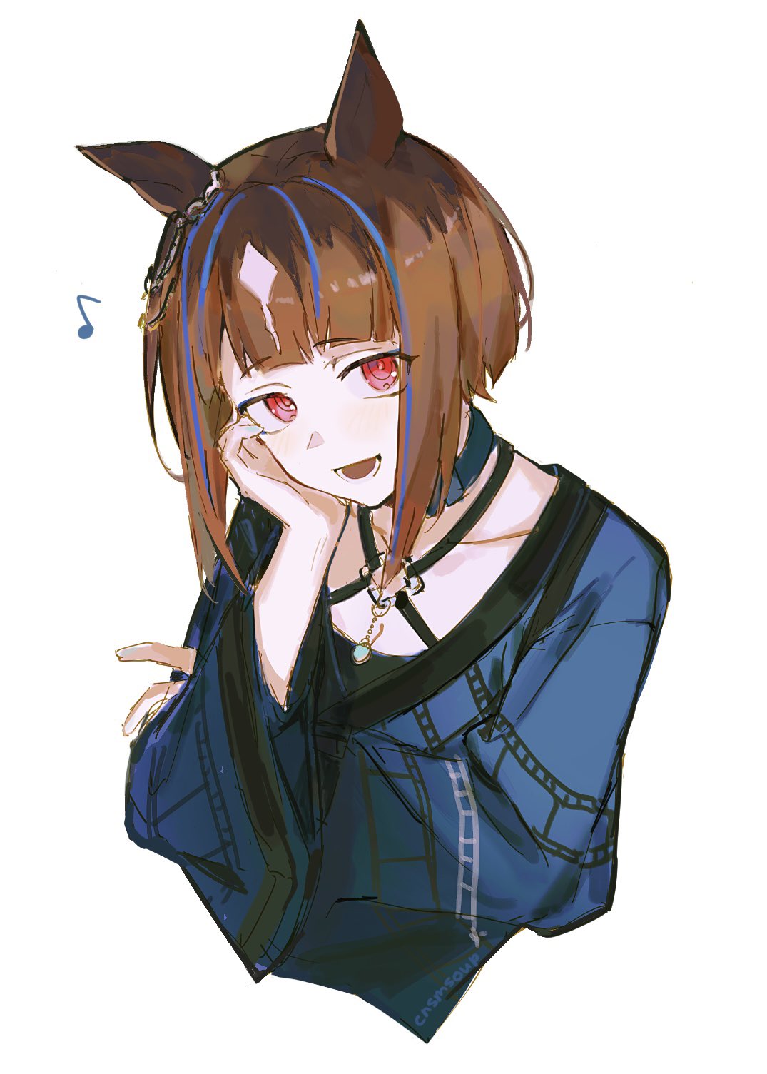 cnsmsoup, transcend (umamusume), umamusume, highres, 1girl, animal ears, blue kimono, brown hair, horse ears, horse girl, japanese clothes, kimono, long sleeves, musical note, open mouth, red eyes, simple background, smile, solo, upper body, white background