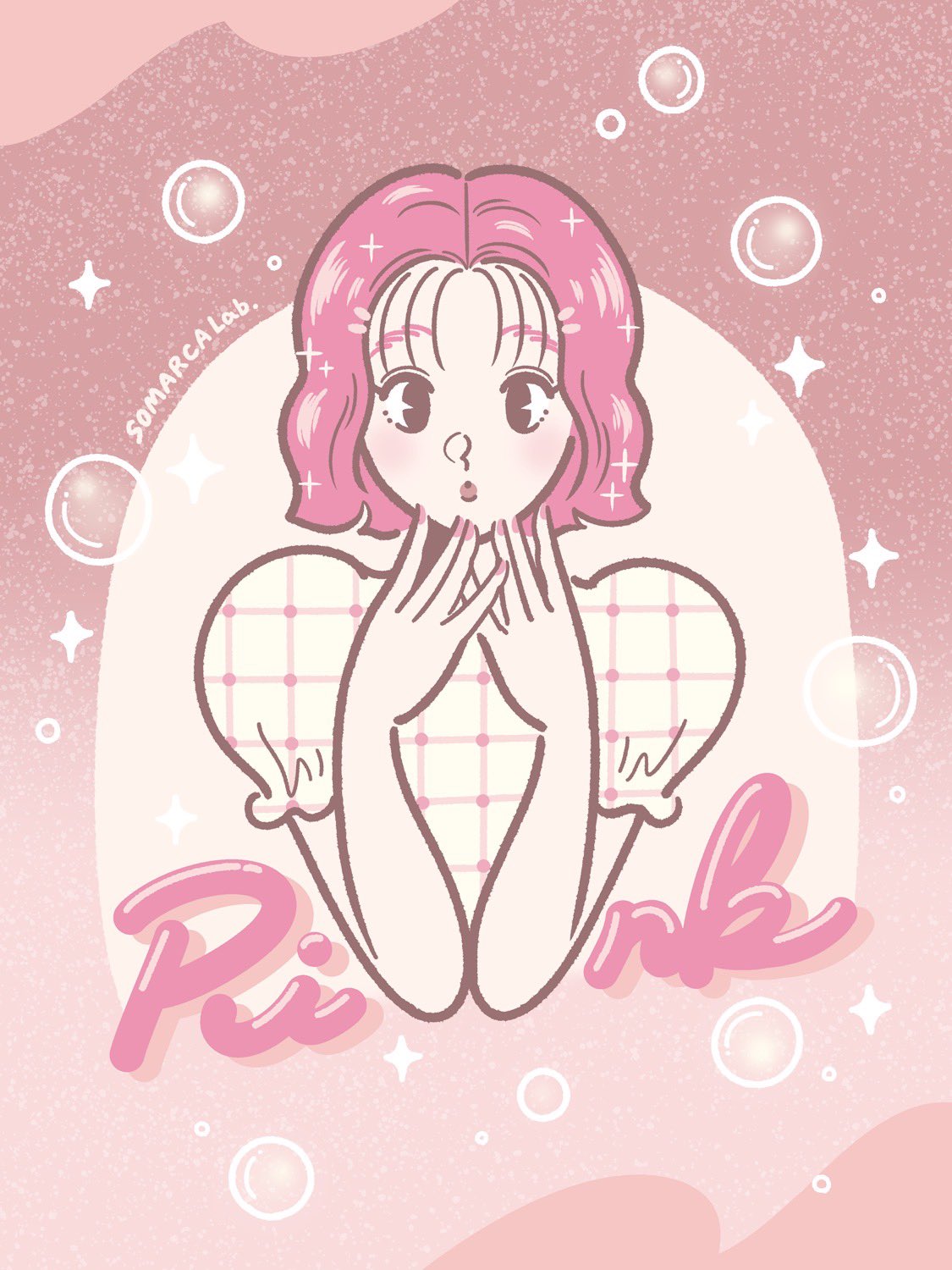 3kaku illust, original, commentary, highres, promotional art, 1girl, :o, ad, black eyes, blush, bubble, elbows together, english text, fingernails, hands on own face, looking at viewer, nail polish, parted hair, pink hair, pink liips, pink nails, puffy short sleeves, puffy sleeves, short sleeves, simple background, solo, sparkle, straight-on, upper body