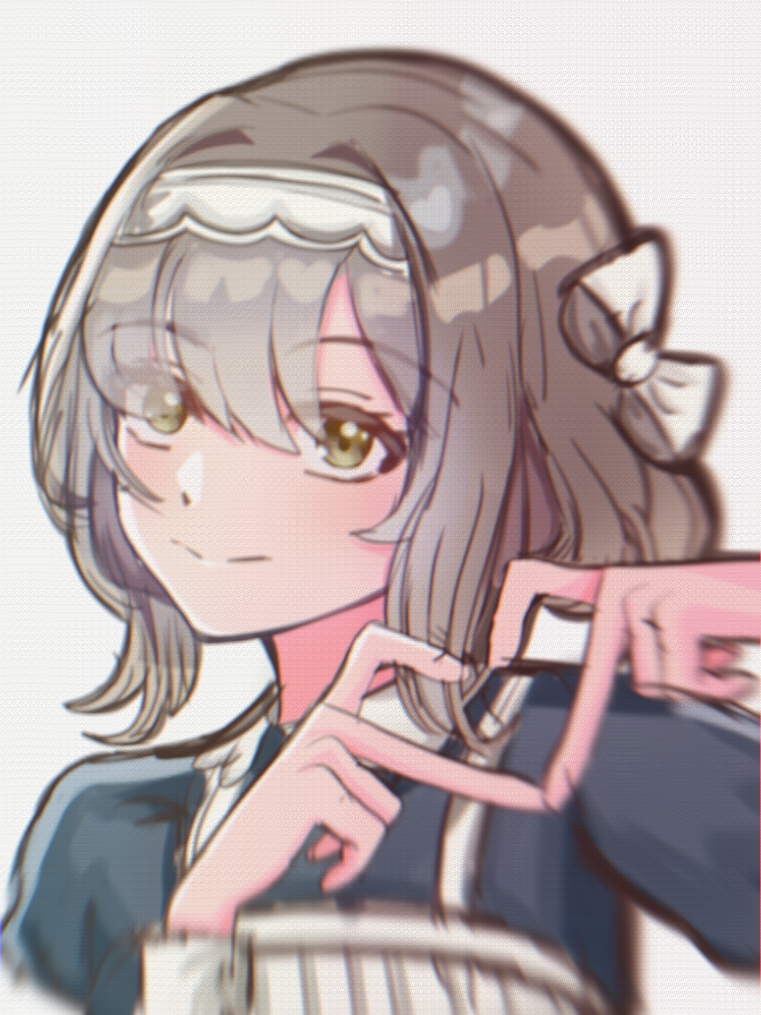 shupaika, hiwatari kanae, gakuen idolmaster, idolmaster, highres, 1girl, black dress, closed mouth, dress, green eyes, grey hair, hair ribbon, hands up, heart, heart hands, maid, ribbon, simple background, smile, solo, white background, white ribbon