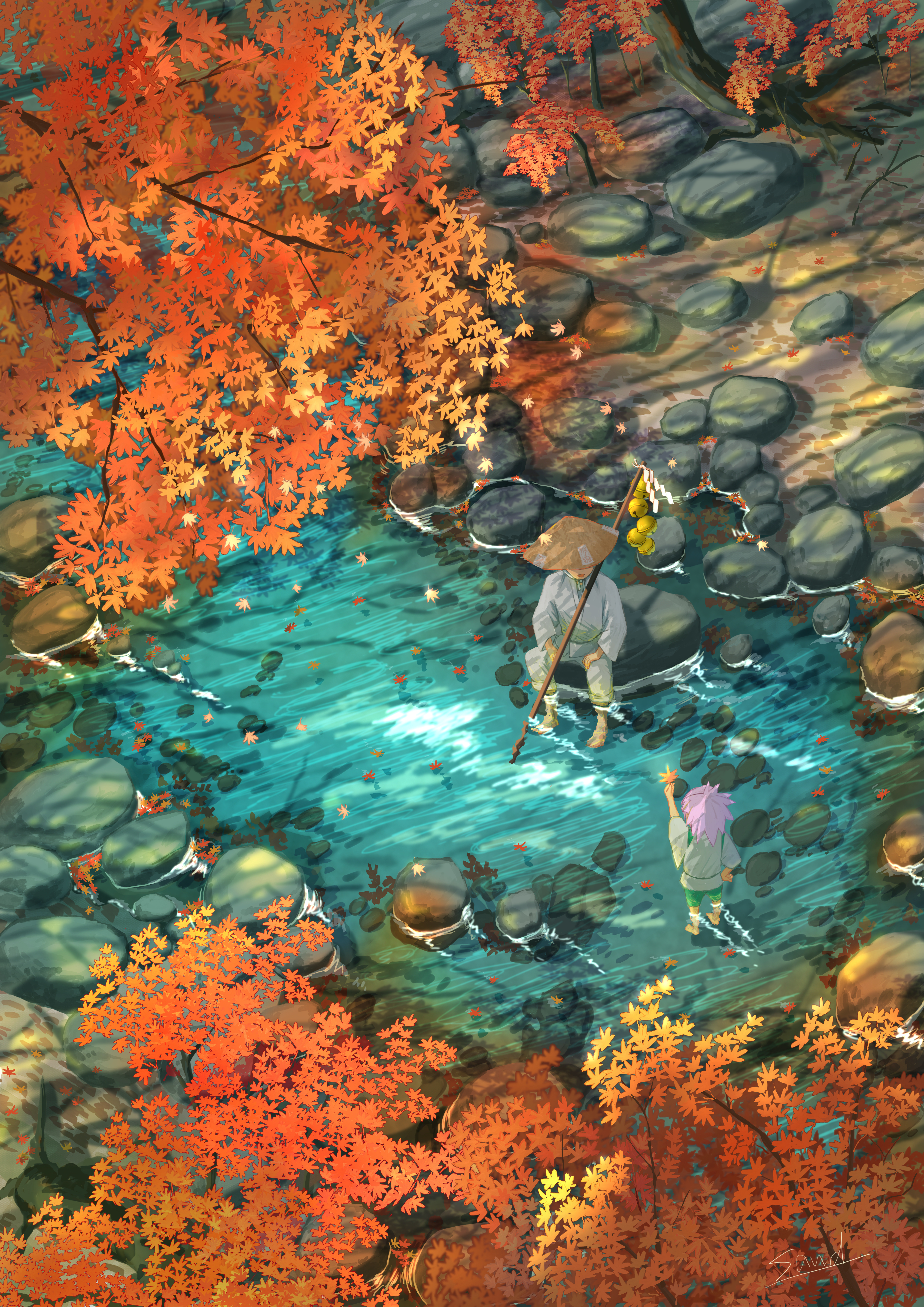 santo moco, original, absurdres, clothing request, commentary request, highres, 2others, ambiguous gender, arm up, autumn, autumn leaves, bell, facing another, falling leaves, from above, green shorts, grey pants, grey shirt, hand on own hip, hat, holding, holding leaf, leaf, long sleeves, multiple others, on rock, open mouth, outdoors, pants, pink hair, rice hat, rod, scenery, shirt, short hair, shorts, sitting, slice of life, soaking feet, stream, tree, wading, water