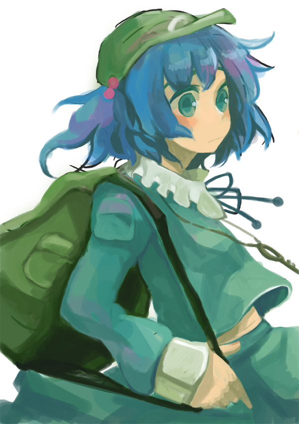 chimo, kawashiro nitori, touhou, bad id, bad pixiv id, 1girl, backpack, bag, blue eyes, blue hair, female focus, hair bobbles, hair ornament, hat, matching hair/eyes, randoseru, solo, two side up
