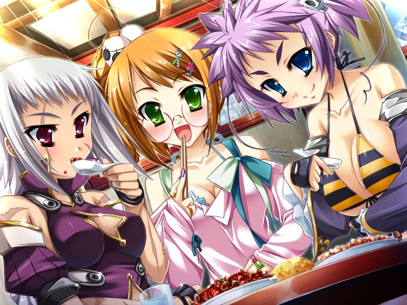 katagiri hinata, gakushin (koihime musou), riten (koihime musou), ukin (koihime musou), koihime musou, game cg, 00s, 3girls, blonde hair, blue eyes, breasts, brown hair, chopsticks, cleavage cutout, clothing cutout, detached sleeves, eating, food, freckles, glasses, green eyes, large breasts, multiple girls, purple eyes, purple hair, red eyes, scar, short hair, smile, white hair