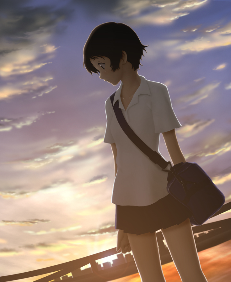 siraha, konno makoto, toki wo kakeru shoujo, 00s, 1girl, bag, brown eyes, brown hair, cloud, evening, female focus, school uniform, short hair, skirt, sky, solo, sunset