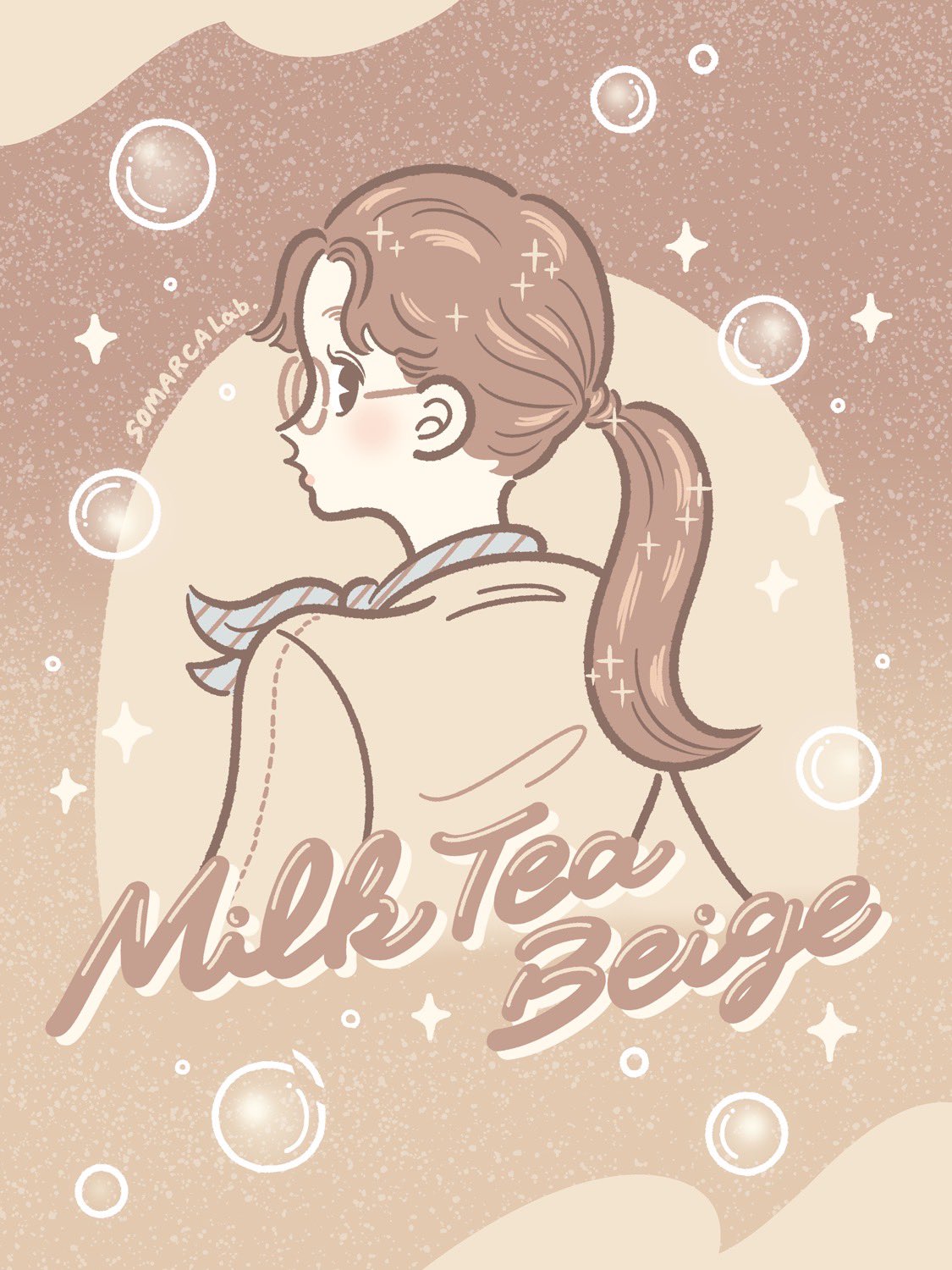 3kaku illust, original, commentary, highres, promotional art, 1girl, ad, ascot, black eyes, brown-framed eyewear, brown hair, bubble, curtained hair, from behind, jacket, looking at viewer, looking back, low ponytail, pink lips, ponytail, round eyewear, solo, sparkle, striped ascot, upper body