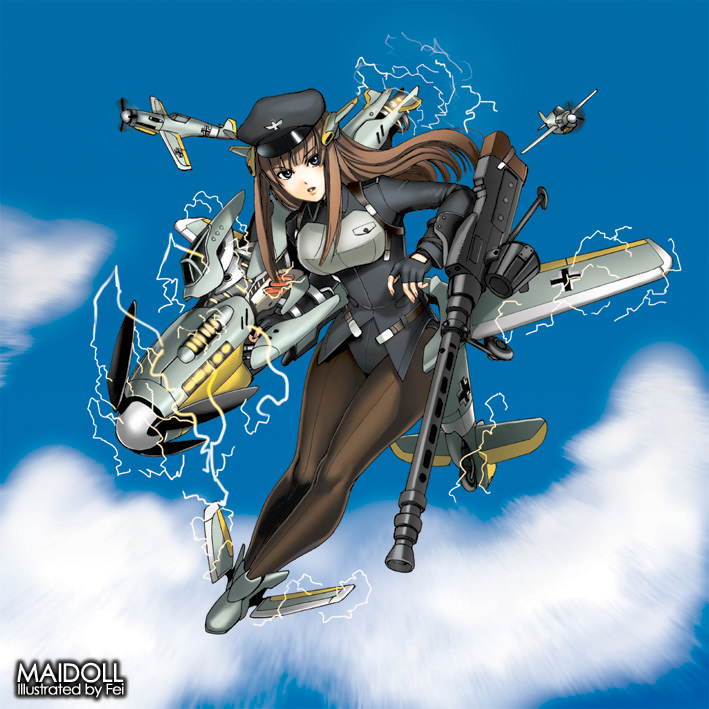 fei (maidoll), emerald zone, 1girl, aircraft, airplane, bf 109, blue eyes, brown hair, drum magazine, female focus, fingerless gloves, german fighterplane, german text, gloves, gun, hat, legs, leotard, lips, long hair, machine gun, magazine (weapon), mecha musume, military, pantyhose, peaked cap, solo, weapon