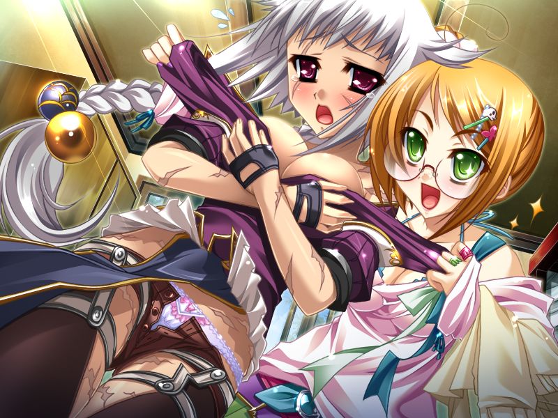 gakushin (koihime musou), ukin (koihime musou), koihime musou, silver hair, game cg, 00s, 2girls, blush, braid, breasts, brown hair, freckles, green eyes, multiple girls, panties, ponytail, purple eyes, scar, single braid, underwear