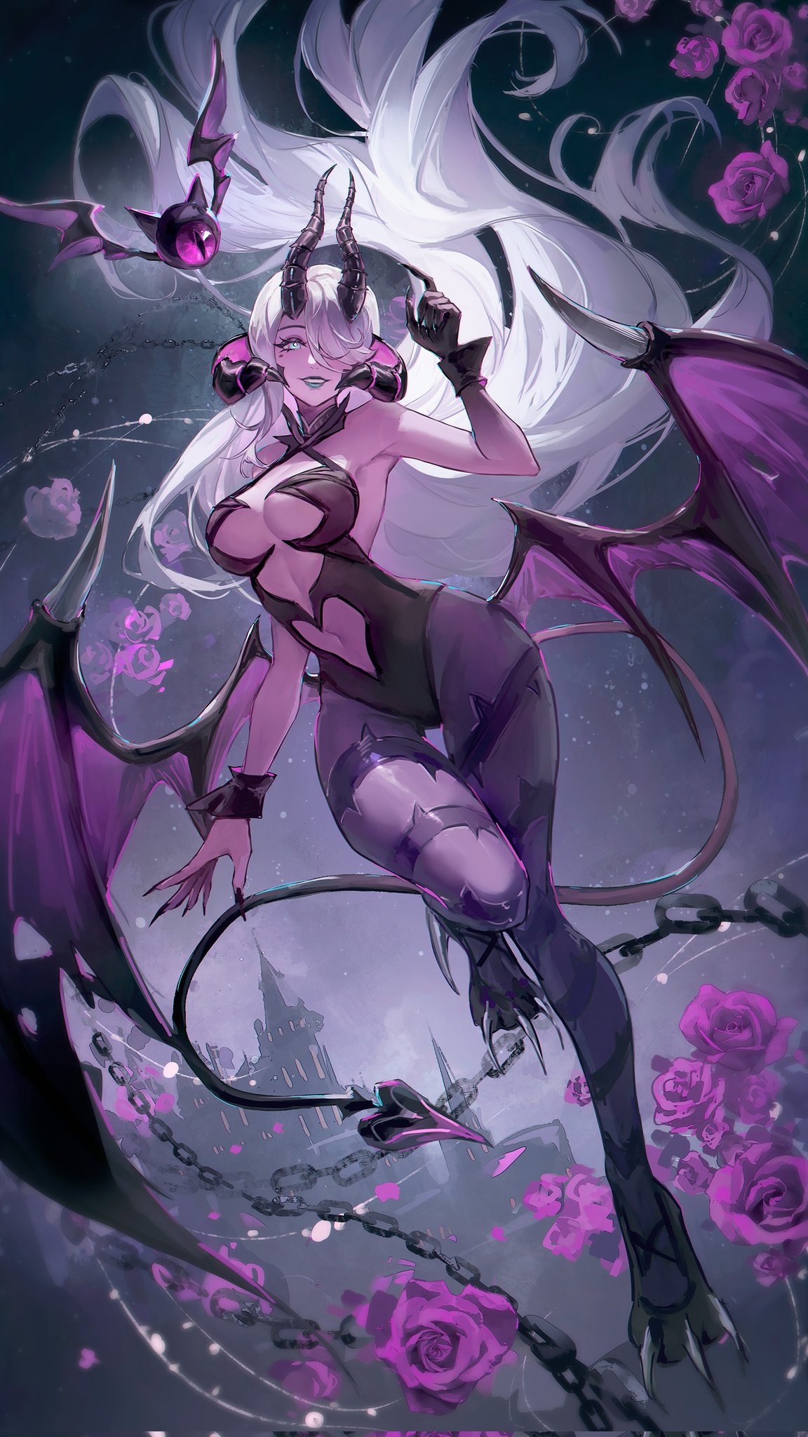 zieru, afk (series), afk journey, commentary, corrupted twitter file, english commentary, highres, 1girl, aqua eyes, aqua lips, asymmetrical bangs, bare shoulders, bat (animal), black horns, black leotard, black nails, black wings, breasts, castle, chain, claws, cleavage, cleavage cutout, clothing cutout, colored extremities, colored skin, demon girl, demon horns, demon tail, demon wings, eyelashes, eyeshadow, fingernails, floating hair, flower, flying, hair over one eye, hand up, highleg, highleg leotard, horns, large breasts, leotard, lipstick, long hair, looking at viewer, makeup, mehira (afk), mole, mole under eye, multiple horns, navel, navel cutout, night, night sky, one-eyed, one eye covered, outdoors, pantyhose, parted bangs, parted lips, purple eyeshadow, purple flower, purple pantyhose, purple rose, purple skin, rose, sharp fingernails, sky, smile, solo, spiked wings, star (sky), tail, thigh gap, very long fingernails, very long hair, white hair, wings, wrist cuffs