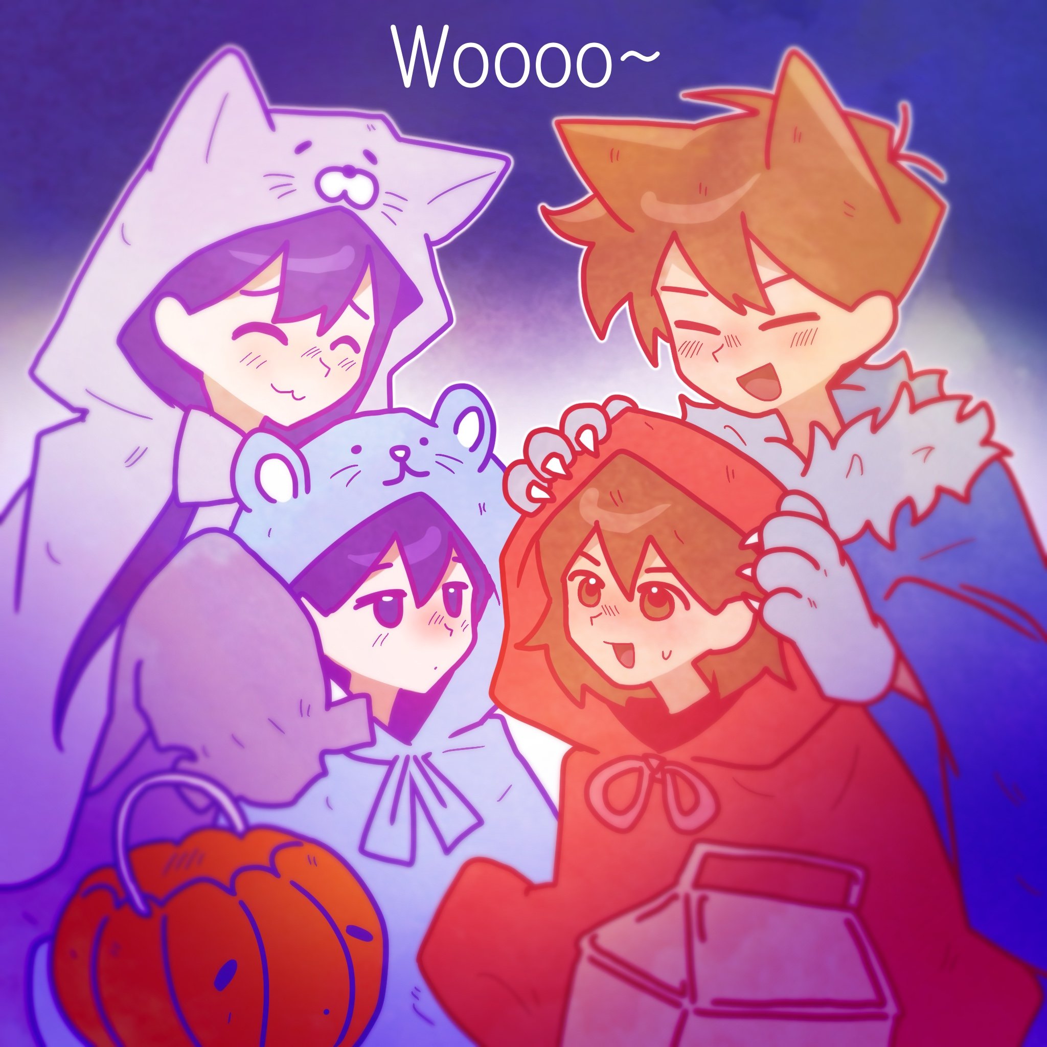 pyoppyop omori, hero (faraway) (omori), hero (omori), kel (faraway) (omori), kel (omori), mari (faraway) (omori), mari (omori), sunny (omori), omori, highres, 1girl, 3boys, :3, alternate costume, animal ears, antenna hair, black eyes, black hair, blush, brother and sister, brothers, brown eyes, brown hair, closed eyes, closed mouth, dark-skinned male, dark skin, double-parted bangs, fake animal ears, hair between eyes, halloween costume, long hair, long sleeves, looking at another, multiple boys, open mouth, short hair, siblings, smile, sweatdrop, wolf ears