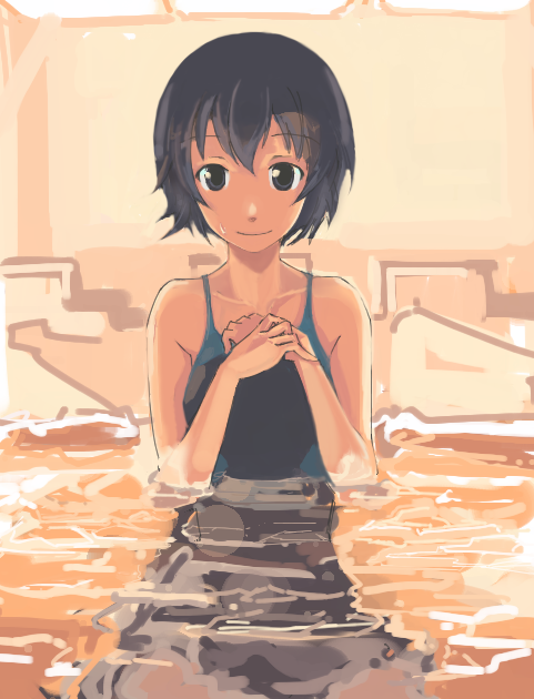 moto kichi, nanasaki ai, amagami, black hair, competition swimsuit, one-piece swimsuit, ripples, school swimsuit, short hair, solo, swimsuit, water