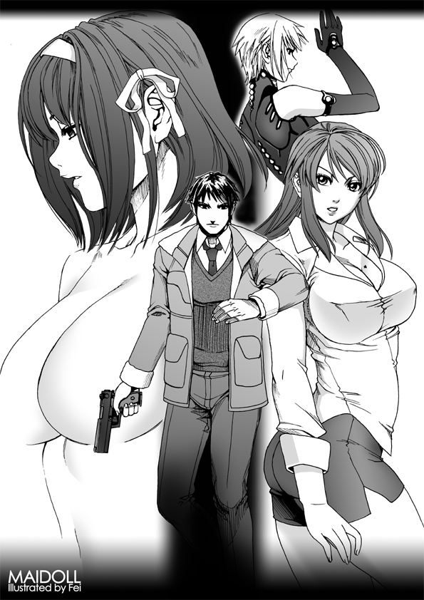 fei (maidoll), asahina mikuru, asahina mikuru (adult), kyon, nagato yuki, suzumiya haruhi, suzumiya haruhi no yuuutsu, 00s, 3girls, aged up, ass, breasts, bulletproof vest, cleavage, greyscale, gun, hair ribbon, handgun, large breasts, legs, miniskirt, monochrome, multiple girls, pencil skirt, pistol, ribbon, short hair, skirt, thighs, topless female, vest, weapon