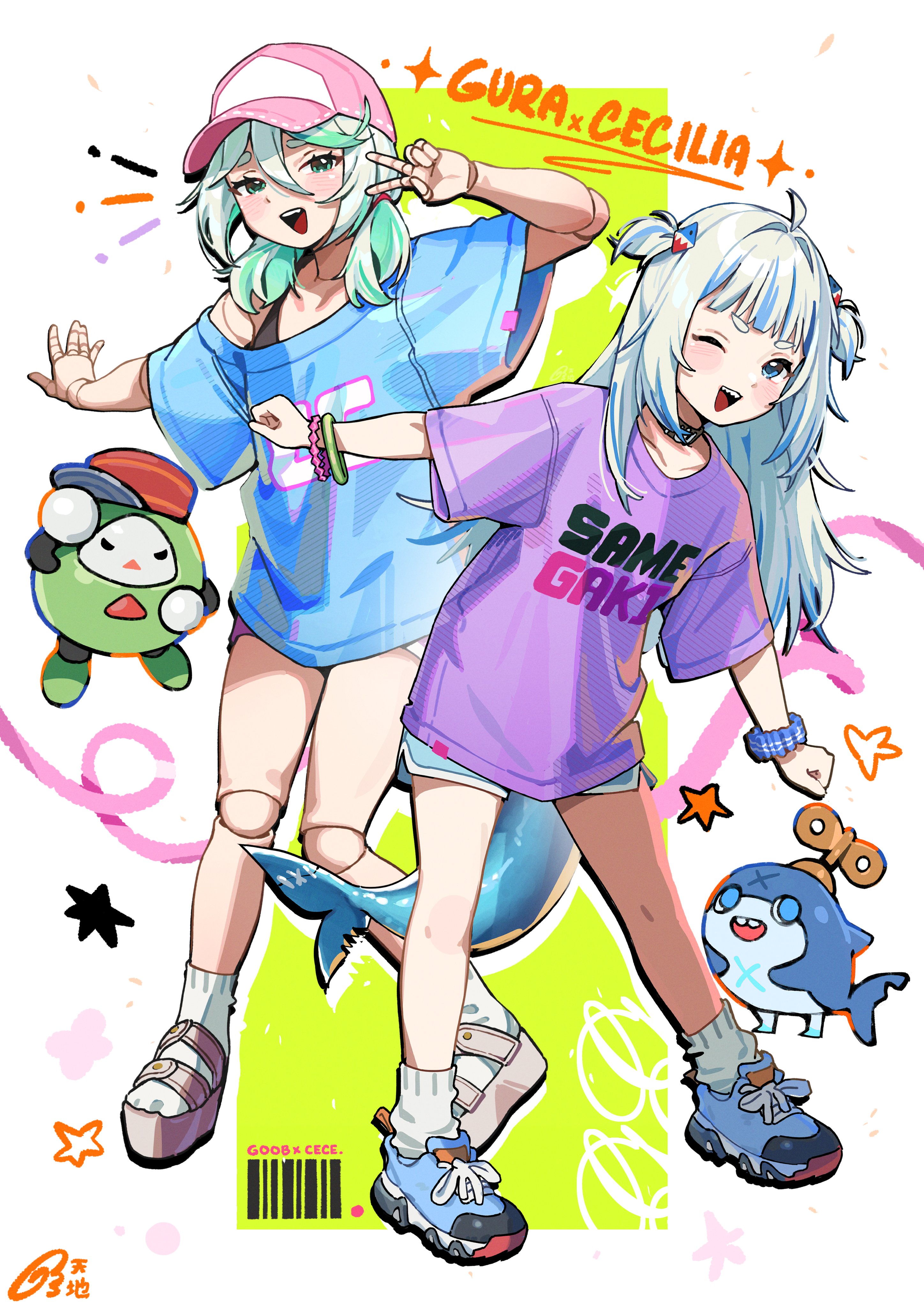 tenchi mayo, bloop (gawr gura), cecilia immergreen, gawr gura, otomo (cecilia immergreen), hololive, hololive english, absurdres, highres, 2girls, alternate costume, black shorts, blue hair, blue shirt, blue shoes, doll joints, fins, fish tail, green hair, joints, looking at viewer, multicolored hair, multiple girls, one eye closed, open mouth, pink shirt, pink shoes, shark girl, shark tail, shirt, shoes, short hair, shorts, smile, socks, streaked hair, tail, two side up, virtual youtuber, white hair, white shorts, white socks