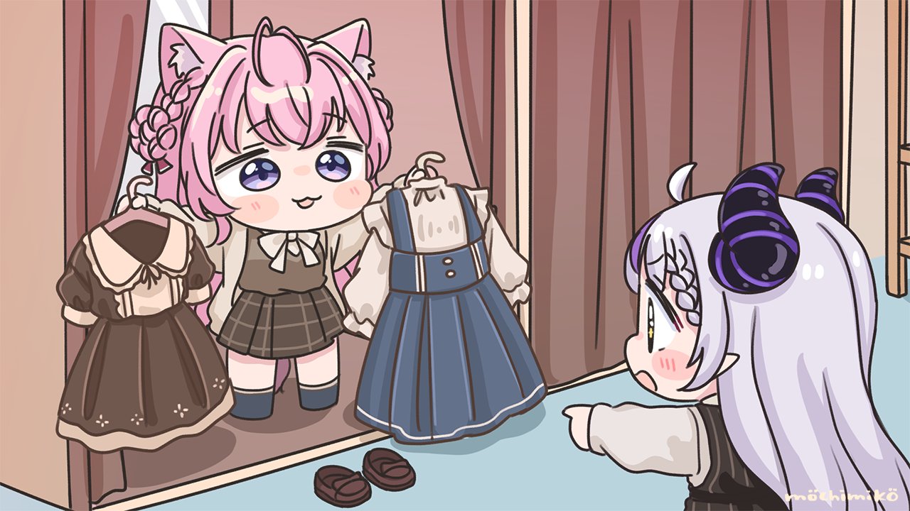 mochimiko, hakui koyori, la+ darknesss, hololive, commentary request, + +, 2girls, :d, ahoge, black socks, blue dress, blush stickers, braid, braided bangs, brown dress, brown eyes, brown jacket, brown shirt, brown shoes, brown skirt, chibi, demon horns, double bun, dress, fitting room, grey hair, hair bun, horns, indoors, jacket, loafers, long hair, mirror, multicolored hair, multiple girls, open clothes, open jacket, open mouth, pink hair, pleated skirt, pointy ears, purple eyes, purple hair, shirt, shoes, signature, skirt, smile, socks, streaked hair, very long hair, virtual youtuber