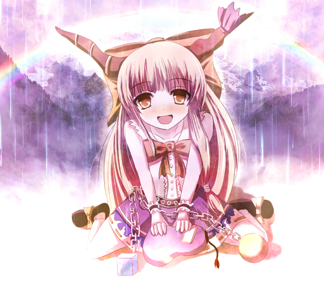 non (nobu), ibuki suika, touhou, 1girl, chain, female focus, full body, horns, long hair, rain, rainbow, sitting, solo, wrist cuffs, yellow eyes