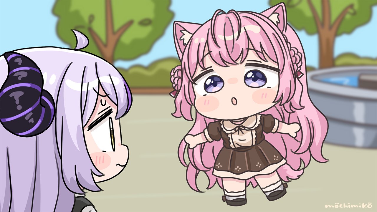 mochimiko, hakui koyori, la+ darknesss, hololive, 2girls, ahoge, animal ear fluff, animal ears, antenna hair, black shoes, blue sky, blurry, blurry background, blush stickers, braid, brown dress, brown eyes, chibi, collared dress, day, demon horns, depth of field, double bun, dress, fountain, grey hair, hair bun, horns, loafers, multiple girls, outdoors, outstretched arms, parted lips, pink hair, pleated dress, puffy short sleeves, puffy sleeves, purple eyes, purple hair, shoes, short sleeves, signature, sky, socks, spread arms, standing, standing on one leg, tail, virtual youtuber, water, white socks