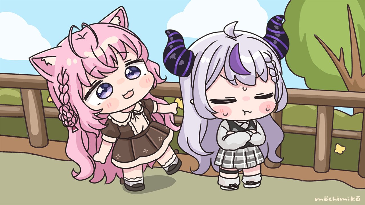 mochimiko, hakui koyori, la+ darknesss, hololive, 2girls, :t, ahoge, animal ear fluff, animal ears, black shoes, blue sky, blush stickers, braid, braided bangs, brown dress, chibi, closed eyes, closed mouth, cloud, collared dress, crossed arms, day, demon horns, double bun, dress, grey hair, grey shirt, grey skirt, hair bun, horns, loafers, long hair, long sleeves, multicolored hair, multiple girls, outdoors, pink hair, plaid clothes, plaid skirt, pleated dress, pleated skirt, pout, puffy long sleeves, puffy short sleeves, puffy sleeves, purple eyes, purple hair, railing, shirt, shoes, short sleeves, signature, skirt, sky, socks, streaked hair, sweat, sweater vest, tail, tree, v-shaped eyebrows, very long hair, virtual youtuber, wavy mouth, white socks