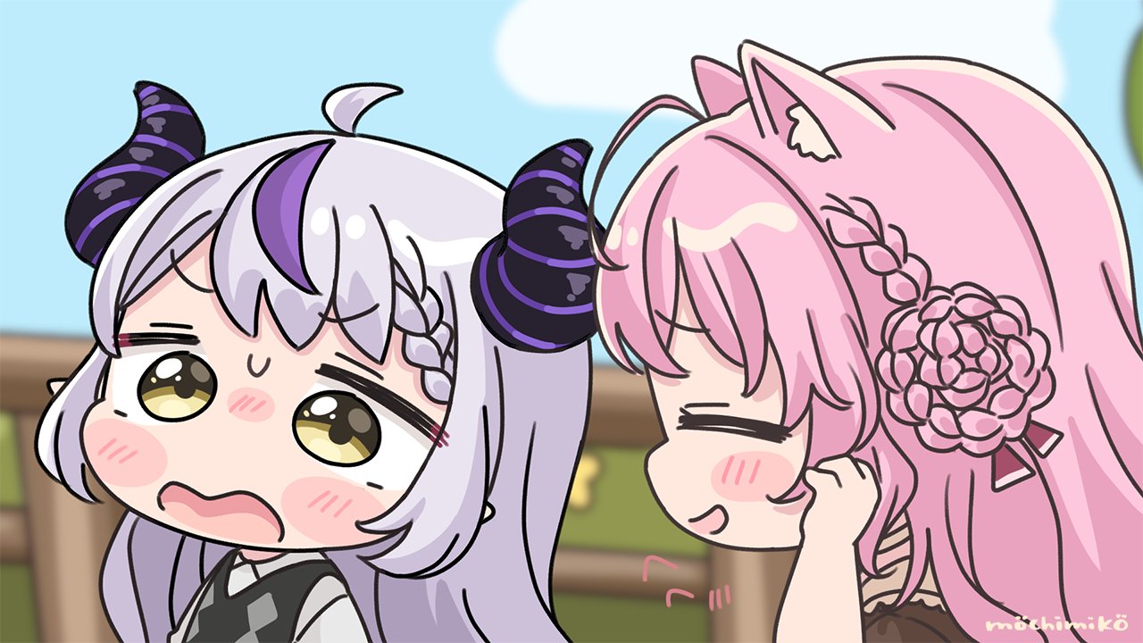 mochimiko, hakui koyori, la+ darknesss, hololive, 2girls, :d, animal ear fluff, animal ears, blue sky, blurry, blurry background, braid, braided bangs, brown dress, brown eyes, chibi, cloud, day, demon horns, depth of field, double bun, dress, grey hair, hair bun, hand up, horns, long hair, long sleeves, multicolored hair, multiple girls, open mouth, outdoors, pink hair, pointy ears, profile, puffy long sleeves, puffy sleeves, purple hair, railing, shirt, signature, sky, smile, streaked hair, sweater vest, upper body, very long hair, virtual youtuber, wavy mouth, white shirt